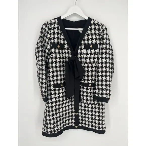 TUCKERNUCK Pomander Place Houndstooth Coco Tweed Bow Dress NWT Size Large